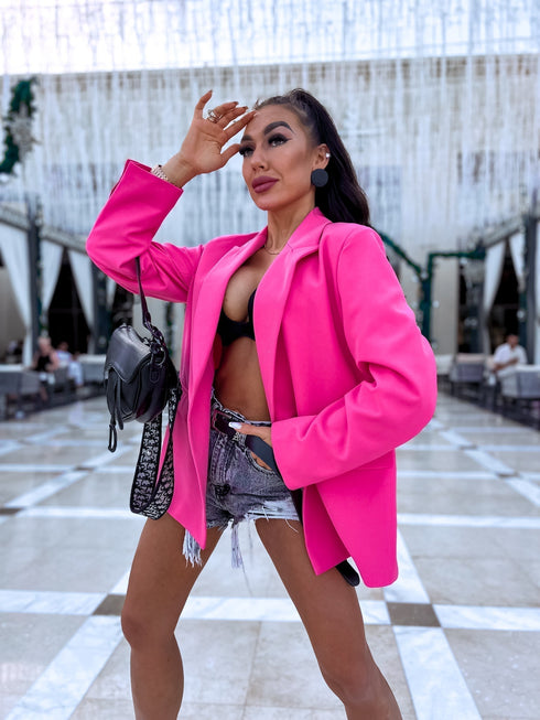Oversized blazer with black sleeve buttons - bright pink